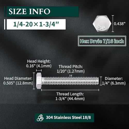 Image of 1 /4-20 x 1-3 /4 inch Hex Head Bolts Screws, 304 Stainless Steel 18-8, Fully Threaded, Hexagon Head Cap Bolts Screws, Coarse Thread UNC, 25 PCS