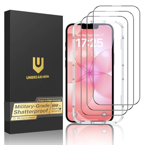 UNBREAKcable for iPhone 17e Screen Protector 3-Pack Shatterproof Tempered Glass [Easy Installation Frame] [99.99% HD Clear] [9H Hardness] [Case Friendly] [Bubble Free] for Apple iPhone 17e 6.1 inch