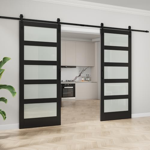 Image of 72 inchx84 inch Frosted Glass Barn Door and 13.2FT Sliding Hardware & Handle, Black