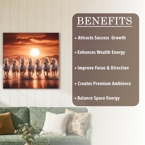 Image of PAINTINGMANTRA 7 White Running Horses Vastu Framed Wall Art Painting for Living Room, Seven Running Horses Poster with frame for Wall, Decoration item for bedroom, 13x17.5 Inch