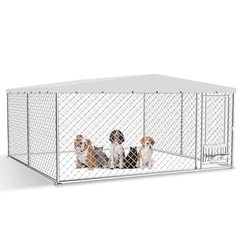 PulseFay 10x10 Outdoor Dog Kennel with Metal Dog Gate and Bowls Outside Dog Pens with Roof Heavy Duty Dog Kennel for Backyard Farm Use