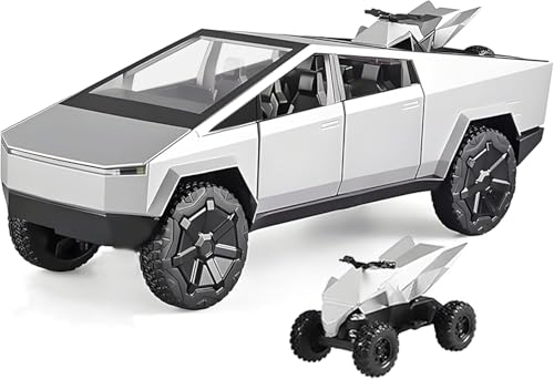 Image of 1:32 Tesla CyberTruck - Silver Alloy Diecast Pullback Metal Car Toy with Sound Light & Opening Doors - Best Gift Toy for Kids