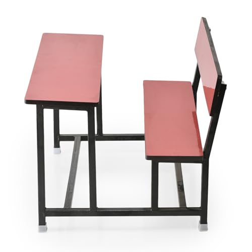 Image of GOYALSON School Home Tution College Bench Duel Desk Student Bench Cum Duel Desk Strong and Sturdy Metal Standard Structure with Wooden Top (4, Red, Small Students with Back)