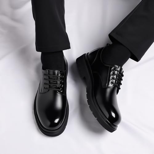 Image of Men's Vintage Leather Lace Up Platform Oxfords Shoes Black Round Toe Soft Rubber Sole Non-Slip Waterproof Business Formal Derby Dress Shoes