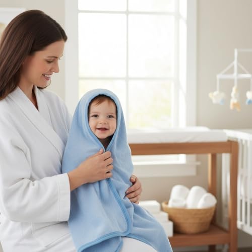 Image of BY LORA Hooded Baby Towel for Toddlers, Soft 100% Rayon Bath Towel, Highly Absorbent Baby Boy Wrap, 35 x 35 Inches, Toddler Gift, Baby Blue 2-Pack