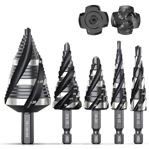 THINKWORK Four Spiral Flute Step Drill Bit Set, 5 Pcs HSS Step Drill Bits (1/8'-1-3/8') Unibit Step Drill Bit, 1/4' and 3/8' Shank Step Bits for Aluminum, Wood, Plastic, Metal