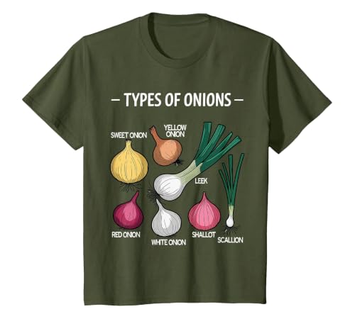Types of Onions Vintage Onion Gardener Lovers T-Shirt, Youth, Olive Green, Medium