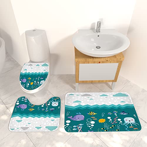 4-Piece Cute Whale Kids Shower Curtain Set Sea Backdrop Bathroom Set With Ocean Cartoon Fish Curtain And Rug And Accessories Clown Fish Children's Fabric Shower Curtain With 12 Hooks-72 X 72 Inches #TOP2