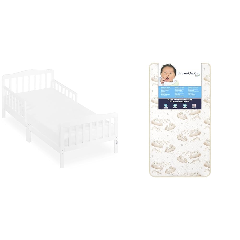 Classic Design Toddler Bed in White, Greenguard Gold Certified & Foam 2-in-1 Breathable Twilight 5" Spring Coil Crib and Toddler Bed Mattress Firm