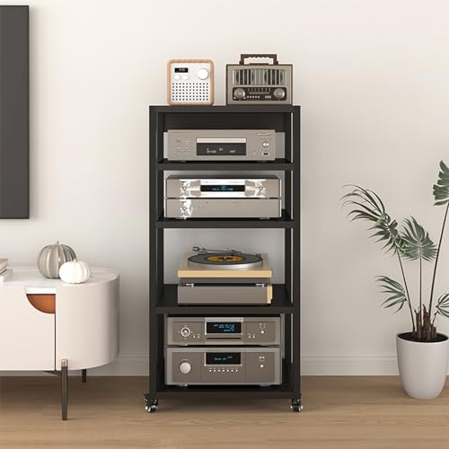 5-Tier Movable AV Media Stand TV Corner Shelves CD Player Stand Stereo Rack Audio Video Components Cabinet with Height Adjustable Steel Shelf for Home/Office/Theater, Black (Size : 55x50cm(21.7x19.7