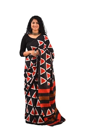 JALTHER - Jalther Handicrafts – Sari Jaipuri en coton imprimé à la main pour femme avec chemisier – Noir_291