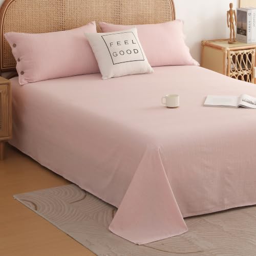Image of Story@Home Linen King Size Bedsheet Cotton Textured Flat Sheet with 2 Pillow Covers Super Soft Bed Sheet for King Size Bed | 300 TC Solid Pattern | 250 x 270 cm | Blush Pink