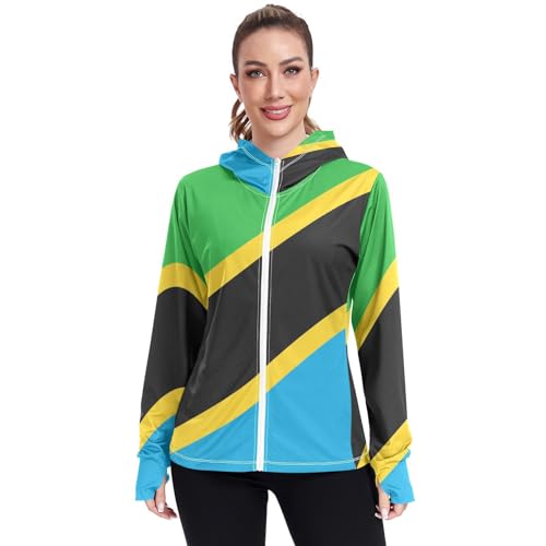 Tanzania Flag Womens UPF 50+ Sun Protection Hoodie Jacket Lightweight Long Sleeve Sun Shirt with Pocket Multicoloured