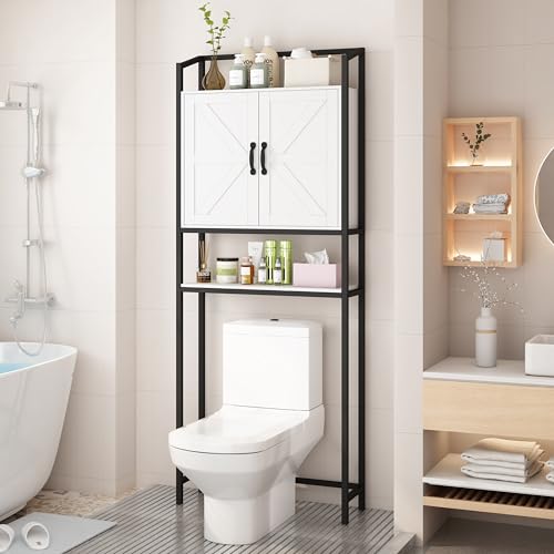 HAUXITIO Over The Toilet Storage Cabinet, Bathroom Above Toilet Cabinet Organizer with Doors and Adjustable Shelves, Bathroom Shelf Organizer, White