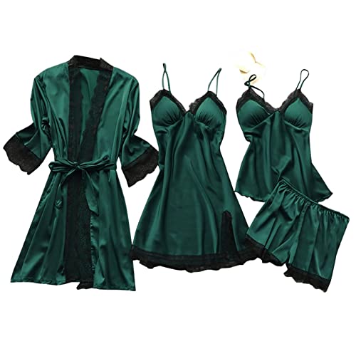 Pajama For Women Sexy Lace 4 Piece Pajama Set Silk Satin Sleepwear Nightgowns Cami Top Lingerie Nightdress With Robe (S, Army Green) #TOP29