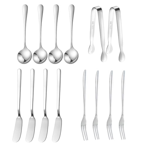 Litinliv Juego de Cubiertos 14 Piezas, Cuchillos Esparcidores de Mantequilla de Queso de Acero Inoxidable, Mini Pinzas para Servir Cucharas, Cuchillos de Mantequilla Multiusos para Navidad, Fiestas