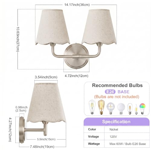 Image of Bathroom Light Fixtures 14 inch Vanity Light 2-Light Brushed Nickel | Farmhouse Bathroom Lights, Beige Wavy Fabric Shade, Dimmable Vanity Lighting Fixtures for Mirror Bedroom Living Room Hallway