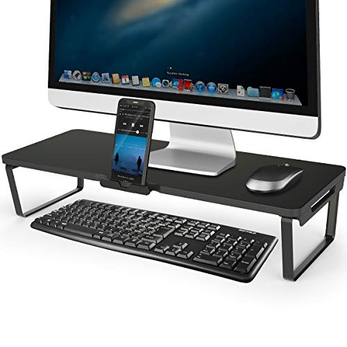 Monitor Stand Riser with Phone Holder and Cable Management - 20.5 Inch Computer Monitor Stand, Desk TV Shelf, Laptop Printer, Desk Organizer Stand, Screen Holder, Black
