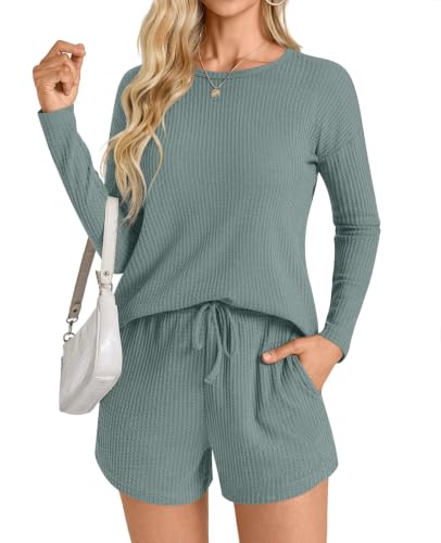 Image of Anydoll Womens Pajama Sets Waffle Knit Lounge Sets Long Sleeve Top and Shorts 2 Piece Loungewear with Pockets