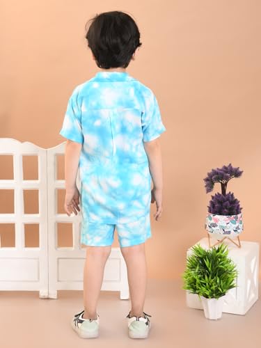 Image of superminis Baby Boys Rayon Tie-Dye Printed Co-ord Set With Notched Collar Shirt and Shorts