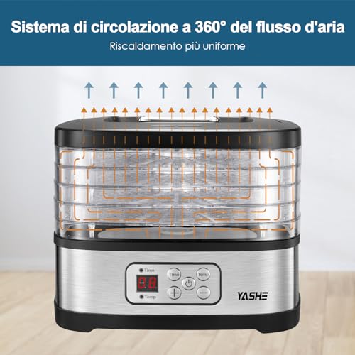 YASHE GGJ-261B Essiccatore Alimentare con Display a LED, Controllo della Temperatura da 35 a 70°C e Timer da 72 Ore, 5 Vassoi Regolabili in Altezza, Essiccatore Frutta e Verdura, 240 Watt, Senza BPA - Immagine 2