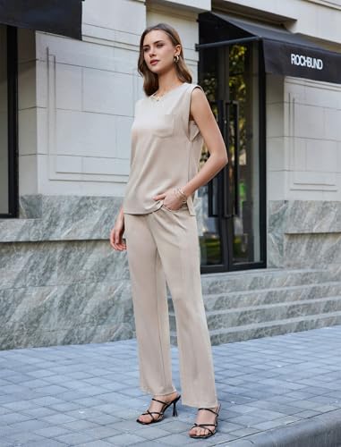 difficort Travel Sets for Women 2 Piece Vest Sleeveless Tops Long Pants Business Casual Outfits Summer,Beige,X-Large — view 3