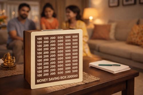 Image of Dr.MASHUR Wooden Money Saving Challenge Box with Printed Amount Board for Cash and Coin Collection, Reusable Saving Box for Kids and Adults (Pen 2lakh Money Box, 1, Count)