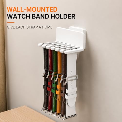 Image of Mizi Watch Band Holder Organiser Wall Mount, Watch Strap Storage Rack for Apple Watch, Samsung Galaxy Watch & Traditional Bands, Holds up to 6 Straps, Grooved Anti-Slip Design, Easy Install Display Stand, White