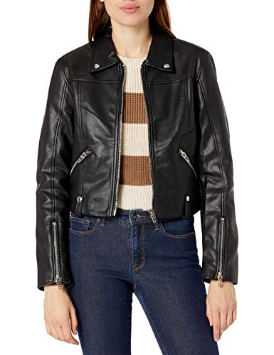 [BLANKNYC] womens [Blanknyc] Cropped Moto Vegan With Zipper Pocket Detail Faux Leather Jacket, Over the Moon, Small US