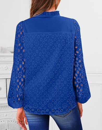 BETTE BOUTIK Women's Long Short Sleeve Tops 2025 Dressy Casual Button Hollow Out Lace Embroidered Blouses Shirts