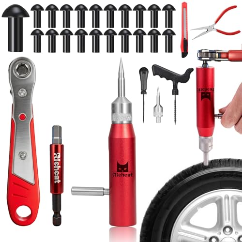 Richcat Tubeless Tire Puncture Repair Kit with Mushroom Plug Repairs punctures and Flat Tires for Motorcycles Cars Trucks ATVs and Tractors