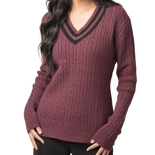 Novelle Fashion Wine Cable Knit V Neck Pullover Sweater for Women Large | Long Sleeve Lightweight Knit Top | Elegant Business Casual & Fall Sweaters for Women 2025