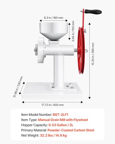 Image of VEVOR Manual Grain Mill with Flywheel, Hand-Crank Corn Grinder, Heavy-Duty Carbon Steel Wheat Grinding Mill with Adjustable Fineness & 0.53 Gallon Hopper for Grains Spices Coffee Beans Nuts