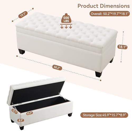 Image of WUTUTUEE 50 inch Fabric Storage Ottoman Bench, Upholstered Rectangle End of Bed Storage Ottoman Tufted Living Room Bedroom Bench with Safety Hinge, Solid Wood Legs, Loads 500 lb(Beige)