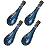 4Japanische Blaue Suppenlöffel Keramik, Asiatische Suppenlöffel Ramen Löffel, Gebogene Löffel für Ramen,Retro Porzellan,Ideal für Küche und Restaurant, 4-teiliges Set