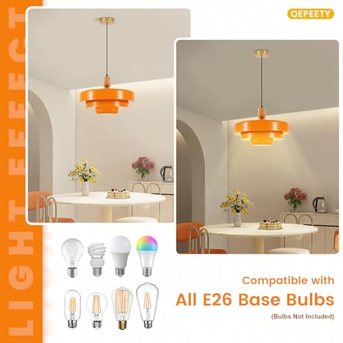 Image of 2-Pack Orange Pendant Lights, Mid Century Modern Metal & Wood Hanging Lamps, Adjustable 59 inch Cord, E26 Base for Kitchen Island Dining Room Entryway