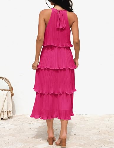 Image of ZESICA Women's 2026 Summer Sleeveless Halter Neck Ruffle Tiered Layered Chiffon Flowy Swing Long Midi Dress