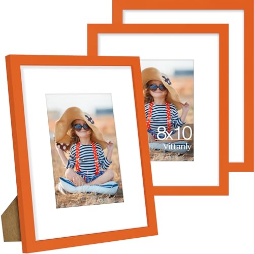 Vittanly 8x10 Picture Frame Set of 3, Display Pictures 5x7 with Mat or 8x10 without Mat for Wall Mounting or Tabletop, Picture Frames for Wall Decor, Engineered Wood, Orange