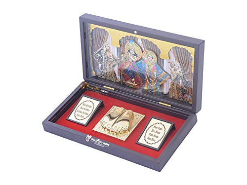 Image of GoldGiftIdeas 24 Carat Gold Plated Radhe Krishna Photo Frame with Charan Paduka Box for Home Decor, Hare Krishna Wooden Momento Gift, Return Gift for Wedding