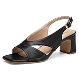 NEWBELLA Women's Square Toe Heeled Sandals - Slingback Strap Dress Shoes for Work Commute & Summer Outfits (Dark, Adult, Women, 9, Numeric, US Footwear Size System, Medium)