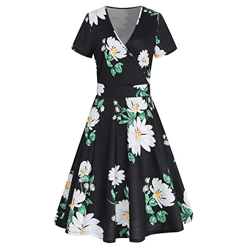 Vestido de manga corta con cuello en V para mujer con estampado de margaritas pequeñas, Negro, S Cover