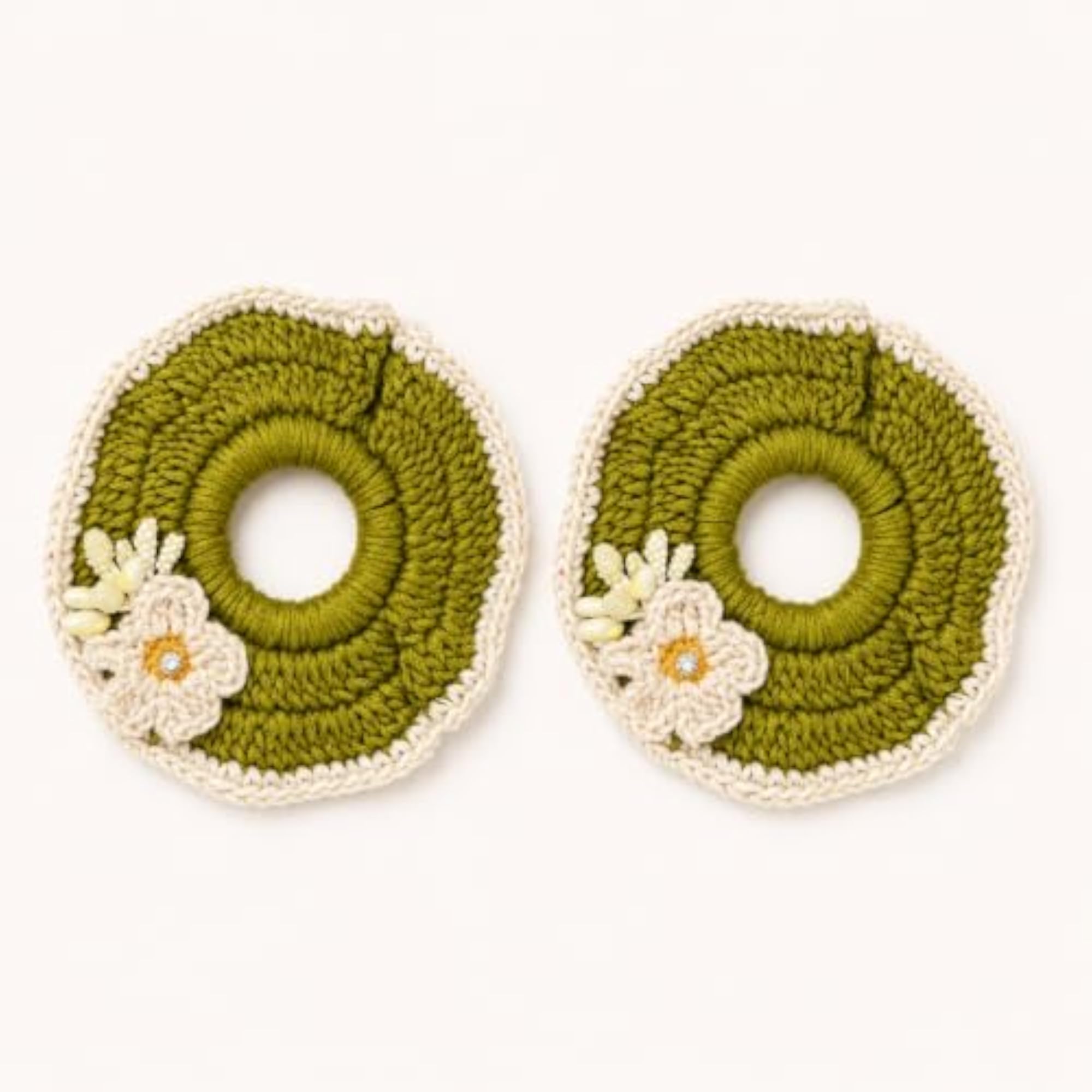 Crochet Olive Ivory Floral Hair Scrunchies, Pair of 2