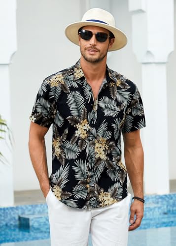 HISDERN Mens Button Down Hawaiian Shirts Black Summer Casual Tropical Floral Aloha Shirt Short Sleeve Vacation Palm Leaf Hawaii Beach Dress Shirt - Image 7