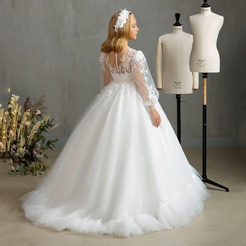 Girls Lace Appliques Flower Girl Dress Long Sleeves Long Wedding Dress A Line Tulle White Pageant Dress CT273