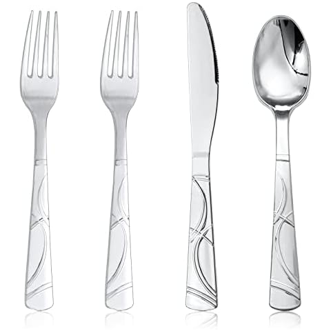 MirthMood 180pcs Silver Plastic Cutlery, Disposable Silverware Set, Plastic Silver Cutlery for New Year Party, Party Plastic Flatware Include:60 Silver Forks, 60 Silver Knives and 60 Silver Spoons Cover