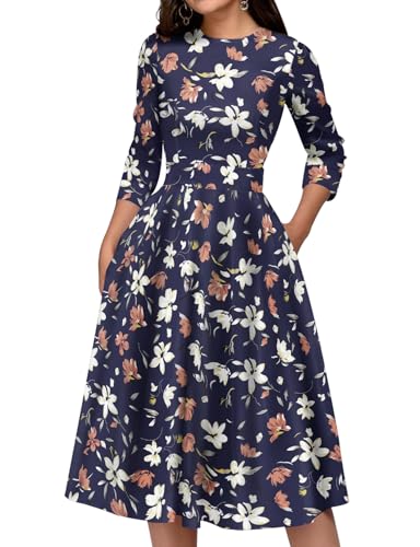 Image of Simple Flavor Women's Floral Vintage Dress Elegant Midi Evening Dress 3 /4 Sleeves