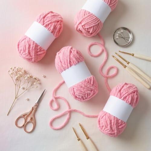 Image of Soft Chenille Yarn 100 gm Soft Velvet Wool Oon for Crochet Knitting DIY Craft Multipurpose Yarn Ball for Blanket Scarf Cushion Making (Purple) (Pink)