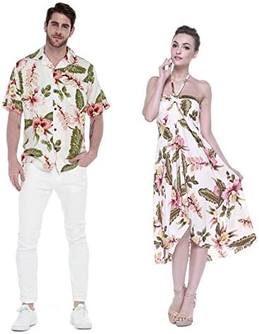 Couple Matching Hawaiian Luau Party Outfit Set Shirt Dress in Cre...