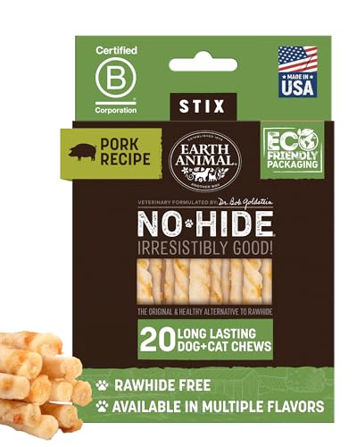 Earth Animal No-Hide Stix Pork Recipe Natural Rawhide Alternative Dog & Cat Chews - 20 Count Value Pack