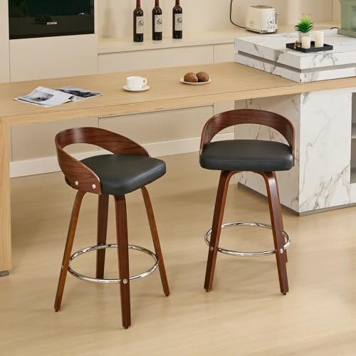 Butaco giratorio de 25 pulgadas con respaldo bajo, set de 2, estilo mid-century moderno, tapizado en cuero sintético negro, patas de madera nogal, para isla de cocina o comedor miniatura 5